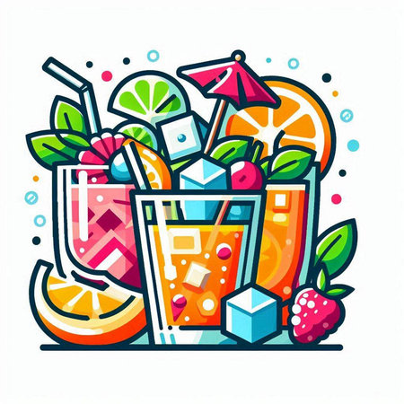 Cocktail vector illustration. Colorful line art icon with fruits and berries.のイラスト素材
