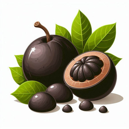 Illustration of a fresh black plum with leaves on a white backgroundのイラスト素材