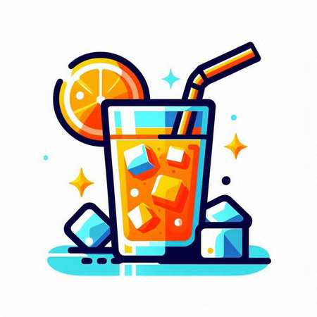 Cocktail with ice cubes and straw. Vector illustration in flat styleのイラスト素材