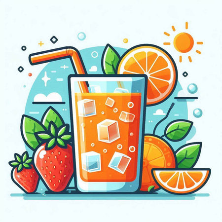 Vector illustration of fresh orange juice in glass with ice cubes, straw and fruits.のイラスト素材