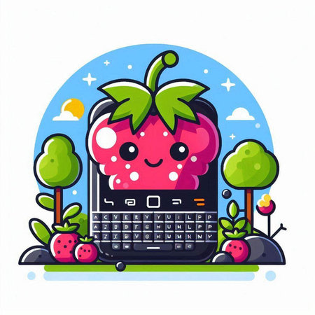 Vector illustration of cute cartoon strawberry fruit character with calculator on white background.のイラスト素材