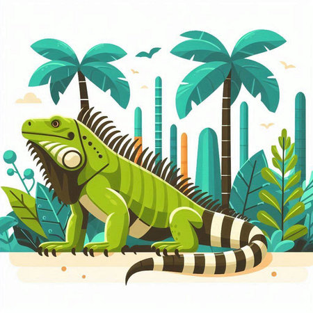 Green iguana on the beach with palm trees, vector illustration.のイラスト素材