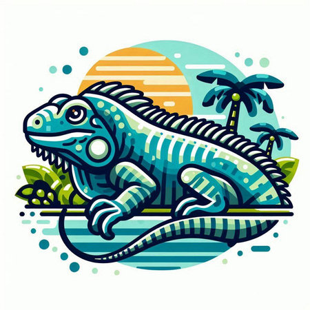 Chameleon on a background of palm trees. Vector illustration.のイラスト素材
