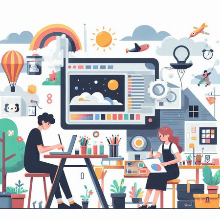 Young man and woman working in creative office. Flat vector illustration.のイラスト素材