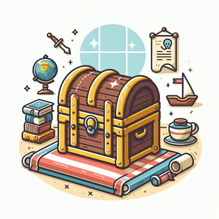 Treasure chest, books, map, cup of coffee. Vector illustration.のイラスト素材