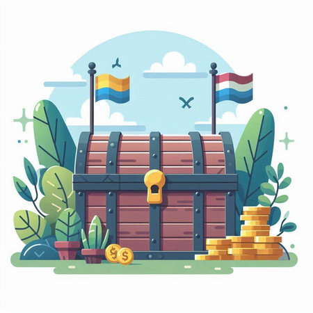 Treasure chest with flags and coins. Vector illustration in flat styleのイラスト素材