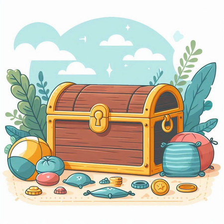 Treasure chest and other items. Vector illustration in cartoon style.のイラスト素材