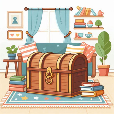 Illustration of a wooden chest with books and decorations in the roomのイラスト素材