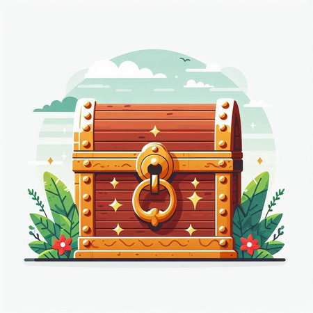 Wooden treasure chest with keyhole. Vector illustration in flat styleのイラスト素材