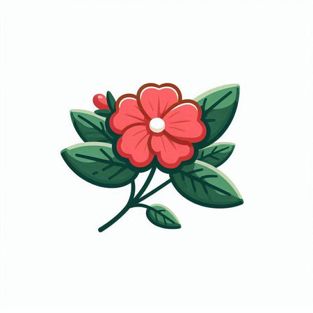 Red flower with green leaves isolated on white background. Vector illustration.のイラスト素材