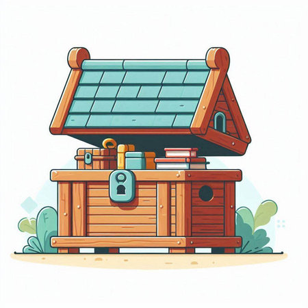 Vector illustration of a wooden chest with books and a solar panel.のイラスト素材