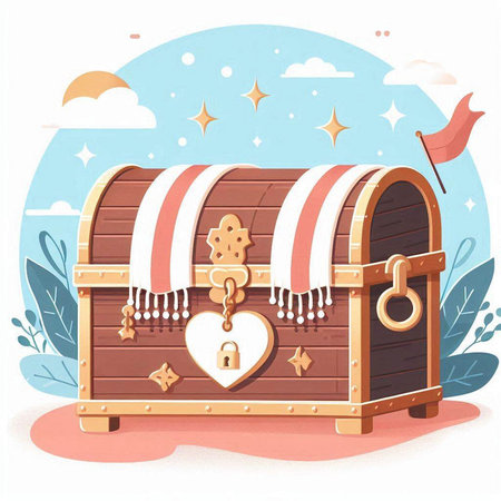Treasure chest with heart and keyhole. Vector illustration in cartoon styleのイラスト素材