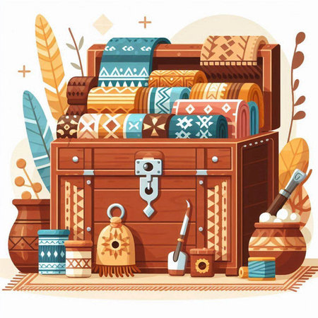 Vector illustration of an old wooden chest with a collection of things.のイラスト素材