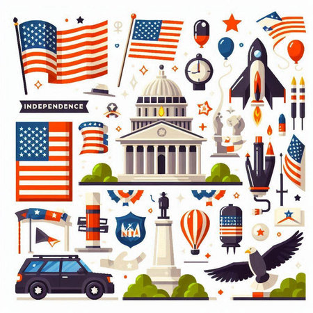 United States of America icons set with national flag symbols isolated vector illustrationのイラスト素材