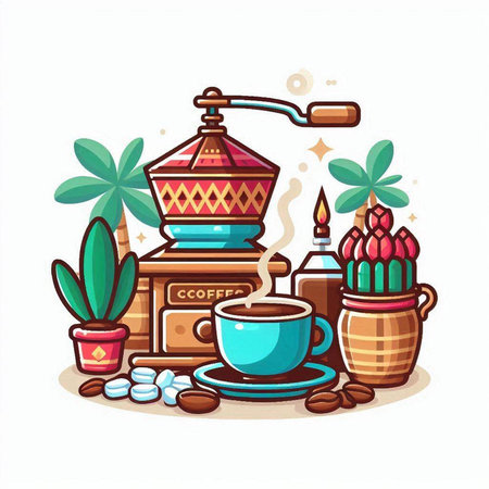 Coffee shop elements. Coffee grinder, coffee beans, cup, pot, leaf, plant. Vector illustrationのイラスト素材
