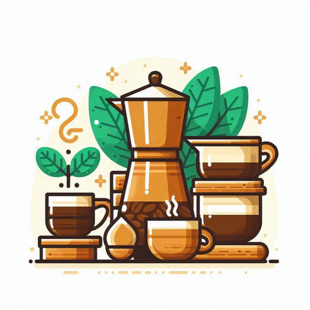 Coffee time flat color vector illustration. Coffee maker, cups, saucers, moka pot and leaves on white backgroundのイラスト素材