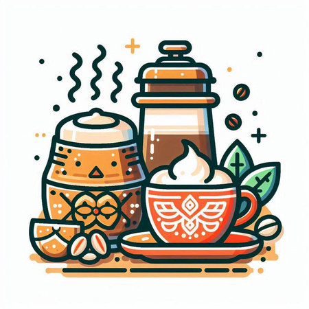 Cup of coffee with whipped cream and cinnamon. Vector illustration.のイラスト素材