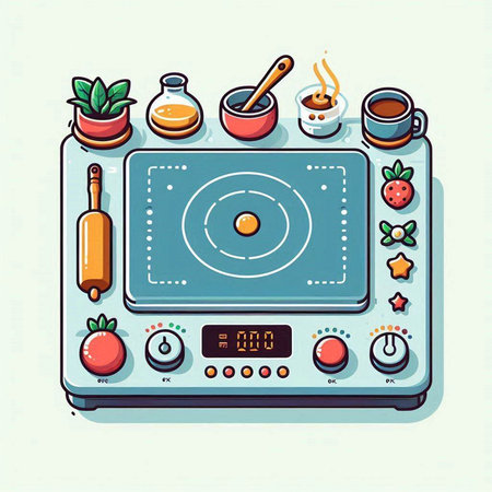 Kitchen stove with cooking utensils. Vector illustration in flat style.のイラスト素材