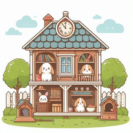 Vector illustration of a cartoon wooden house with cute bunnies.のイラスト素材