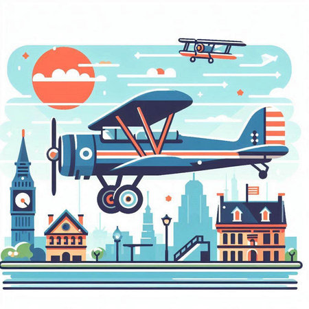 Airplane on the background of the city. Vector illustration in flat styleのイラスト素材
