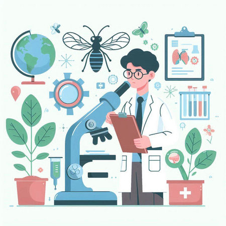 Vector illustration of a scientist working in a laboratory. Flat style design.のイラスト素材