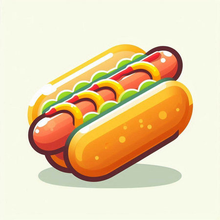 Hot dog with mustard, sausage and ketchup. Vector illustration.のイラスト素材