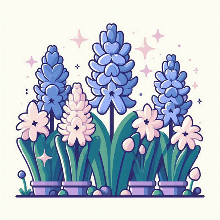 Vector illustration of blue hyacinths in pots on white background.のイラスト素材