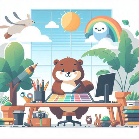 Vector illustration of a cute cartoon beaver sitting at the desk in the office.のイラスト素材
