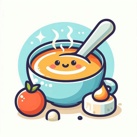 Cute vector illustration of a bowl of soup with a spoon.のイラスト素材