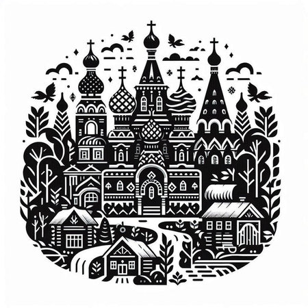 Russian village. Black and white vector illustration in doodle styleのイラスト素材