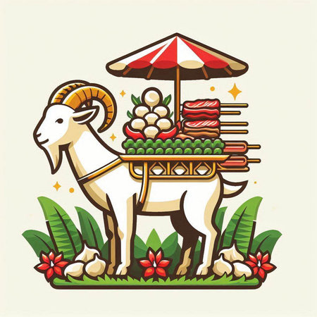 Vector illustration of a white goat on a stall with fruits and vegetablesのイラスト素材