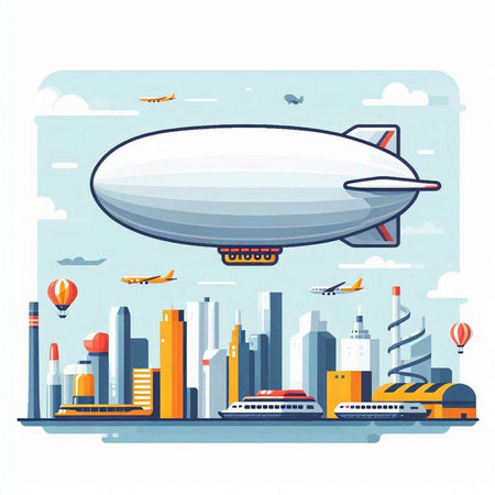 Airship and modern city. Vector illustration in flat cartoon style.のイラスト素材