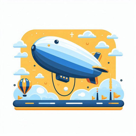Airship flying in the sky. Vector illustration in flat style.のイラスト素材