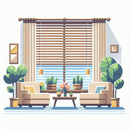 Living room interior with furniture and window blinds. Vector illustration.のイラスト素材