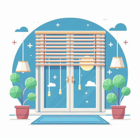 Vector flat illustration of a window with blinds, lamps and plantsのイラスト素材