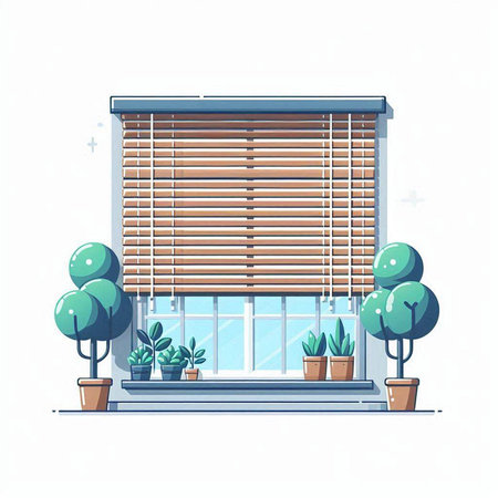 Illustration of a window with blinds, plants and trees.のイラスト素材