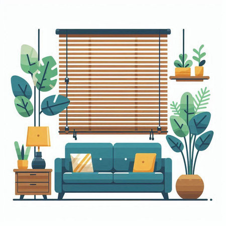 Living room interior design with furniture, sofa, coffee table, plants and window blinds. Flat vector illustration.のイラスト素材