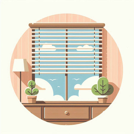 Wooden window with blinds. Vector illustration in flat style.のイラスト素材