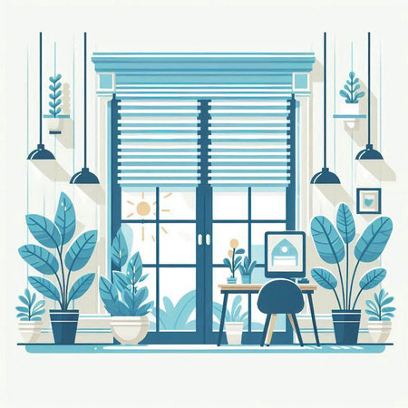 Modern interior of living room with window and plants. Flat style vector illustration.のイラスト素材
