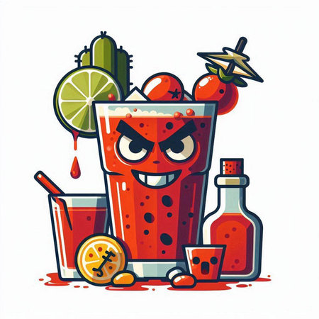 Cocktail with watermelon, lime, cactus, ice cubes. Vector illustration.のイラスト素材