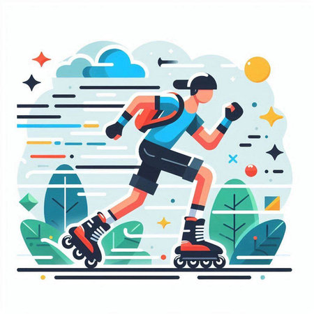 Roller skating flat color vector illustration. Young man in sportswear riding on roller skates on background of blue sky with clouds. Sport activity and healthy lifestyle conceptのイラスト素材