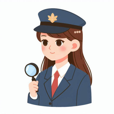 Policewoman with magnifying glass on white background, vector illustrationのイラスト素材