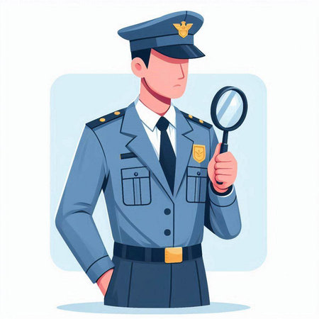 Policeman with magnifying glass. Policeman in uniform. Vector illustrationのイラスト素材