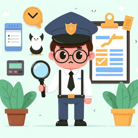 Cute policeman with magnifying glass and magnifying glass, vector illustrationのイラスト素材