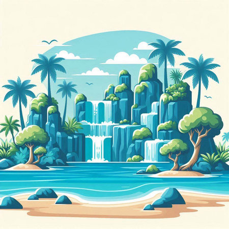 Tropical beach with waterfalls and palm trees. Vector illustration.のイラスト素材