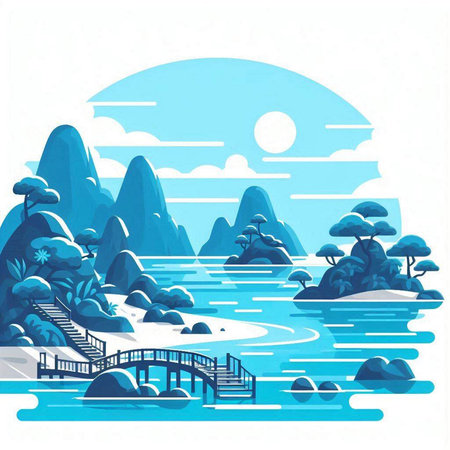 Landscape with bridge over the lake. Vector illustration. Eps 10のイラスト素材