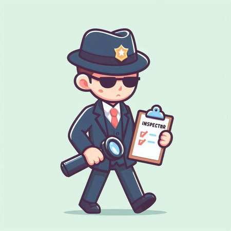 policeman with checklist and magnifying glass cartoon character vector designのイラスト素材