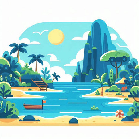 Landscape with tropical island, palm trees and boats. Vector illustrationのイラスト素材