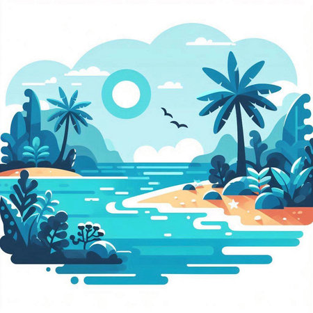 Tropical island with palm trees and sea. Vector illustration.のイラスト素材
