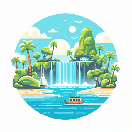 Waterfall on the river in the flat style. Vector illustration.のイラスト素材